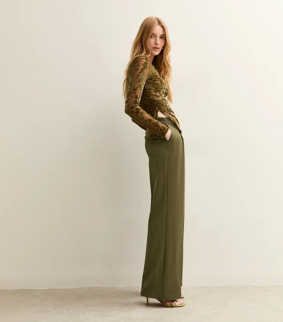 Women's Khaki Pleated Front Wide Leg Trousers