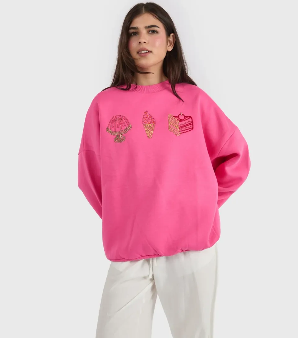 Women's Bright Pink Beaded Cake Sweatshirt