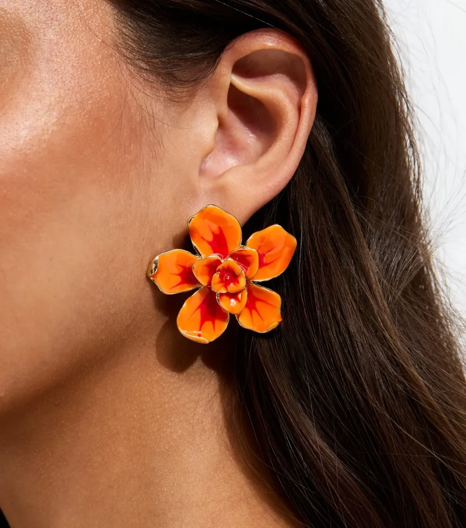 Orange Gold Tone Enamel Large Flower Earrings