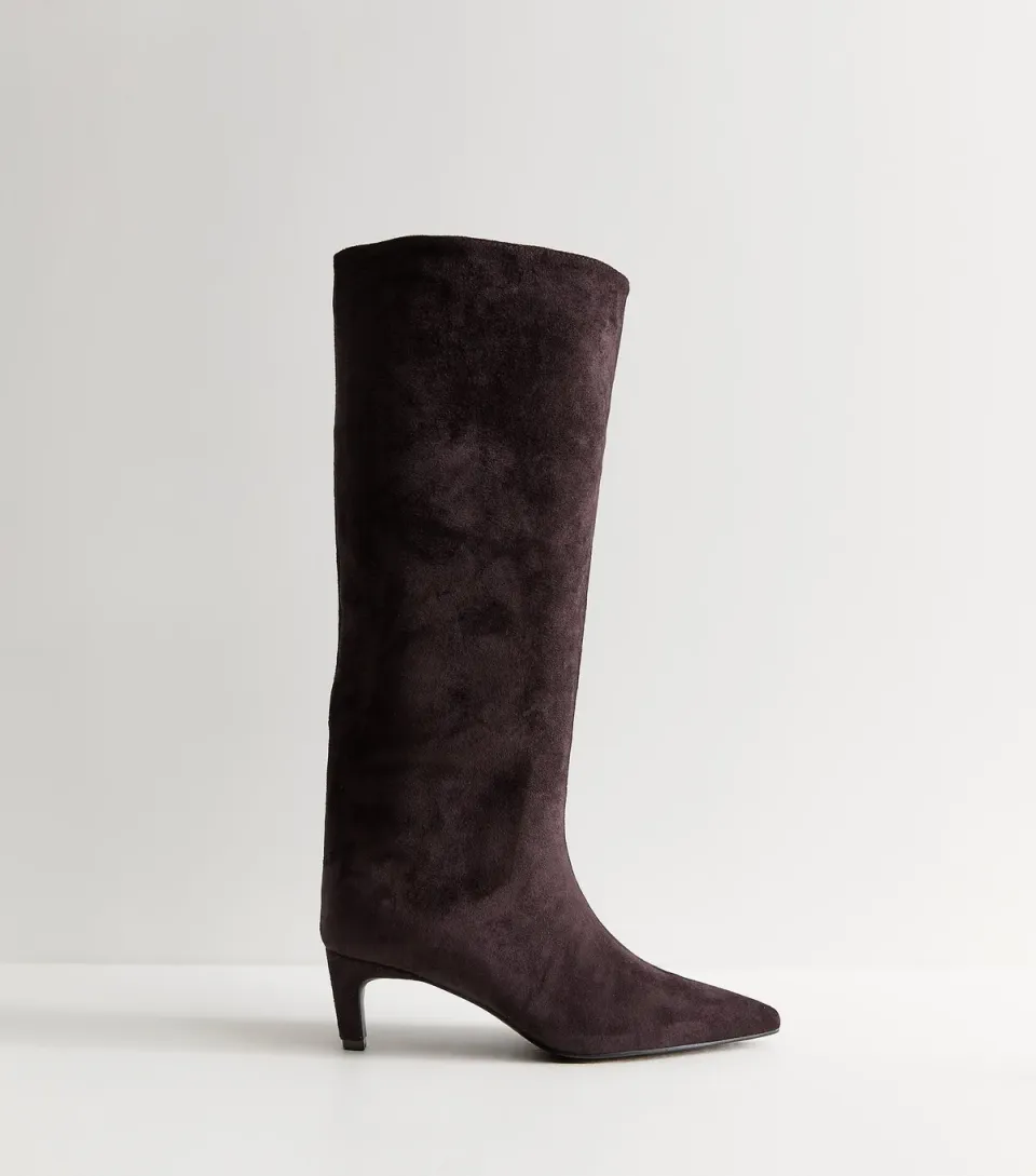 Women's Dark Burgundy Faux Suede Kitten Heel Knee High Boots Vegan