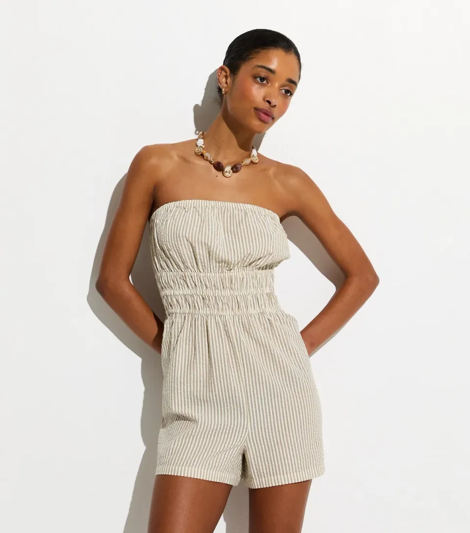 Women's Brown Woven Pinstriped Beach Bandeau Playsuit