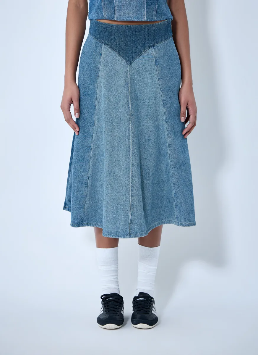 Paneled Denim Midi Skirt