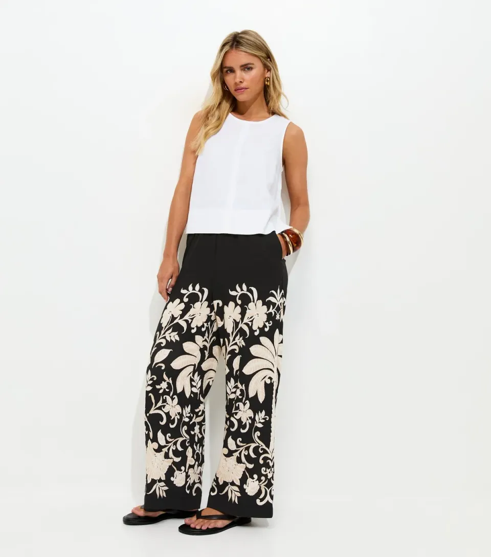 Women's Petite Black Floral Wide Leg Trousers
