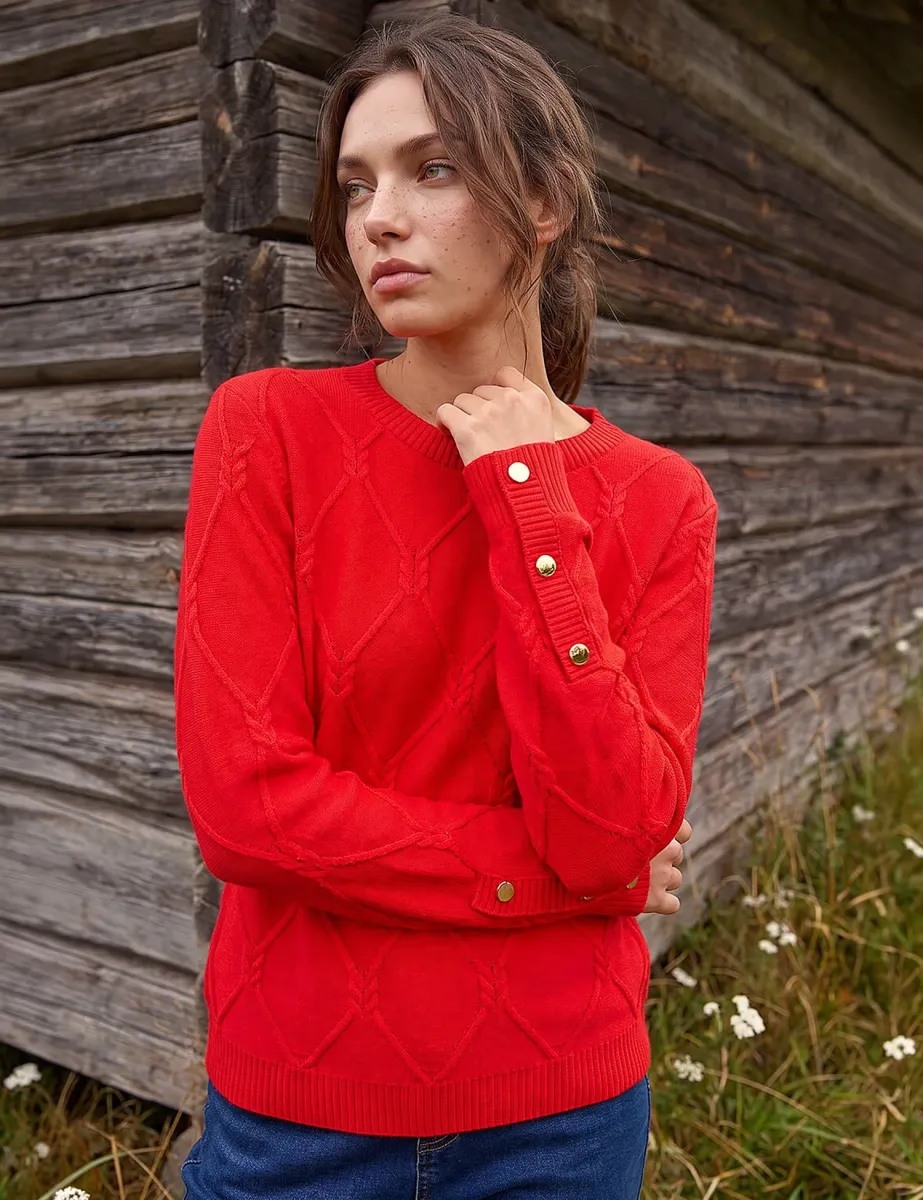Petite Crew Neck Button Detail Jumper Red