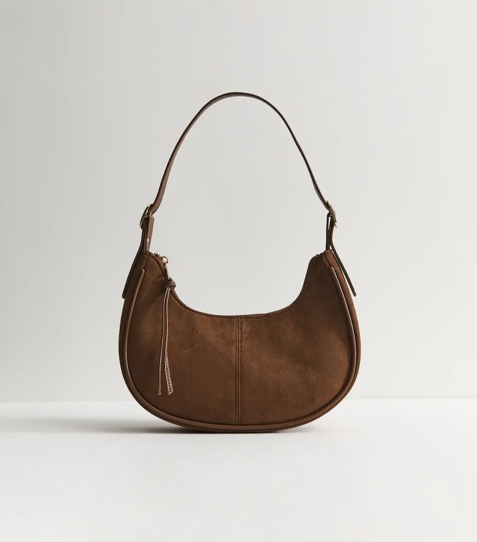 Tan Faux Suede Curved Base Oval Shoulder Bag