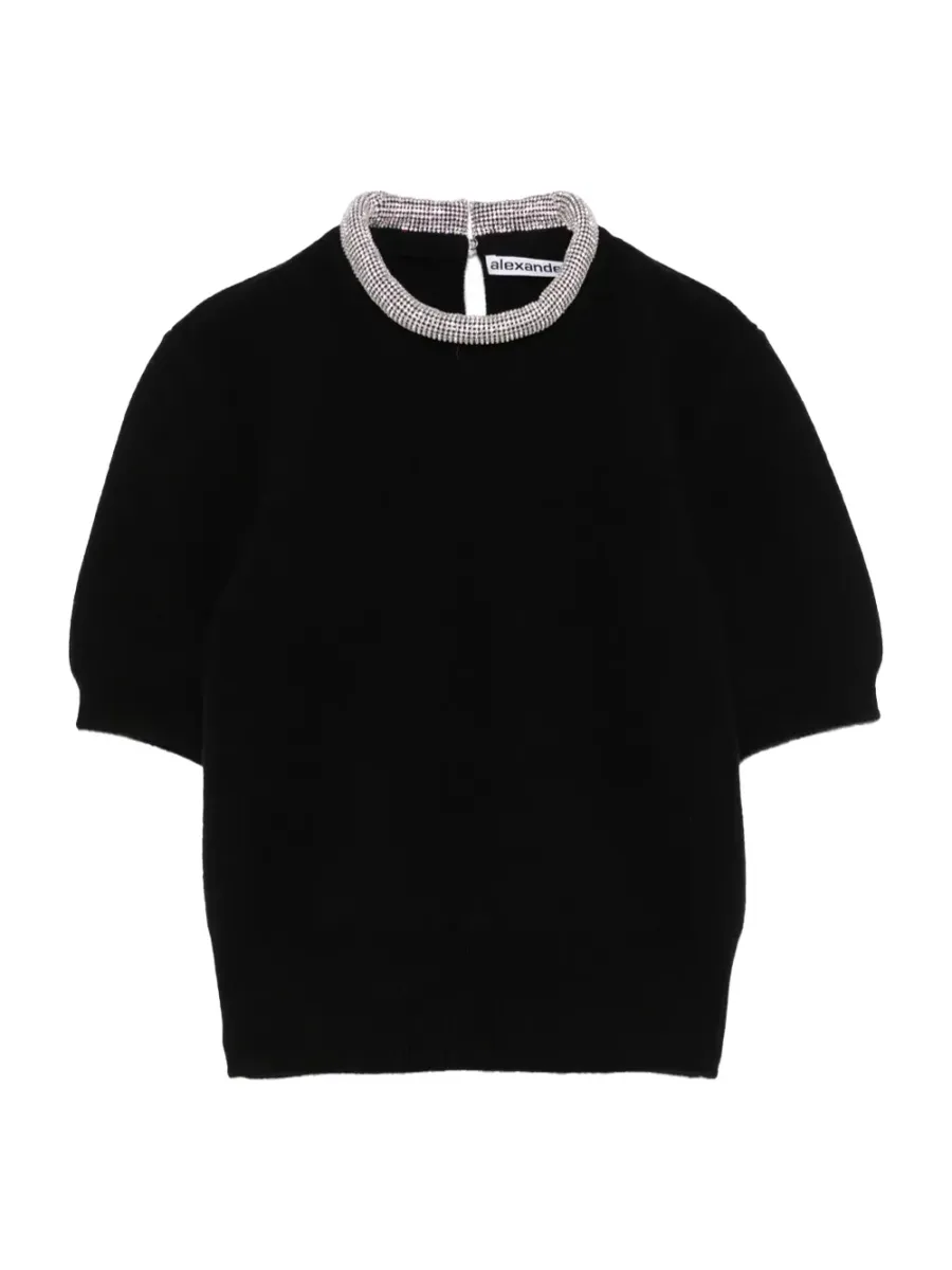 Short Sleeves Crystal Tubular Necklace T-Shirt Black