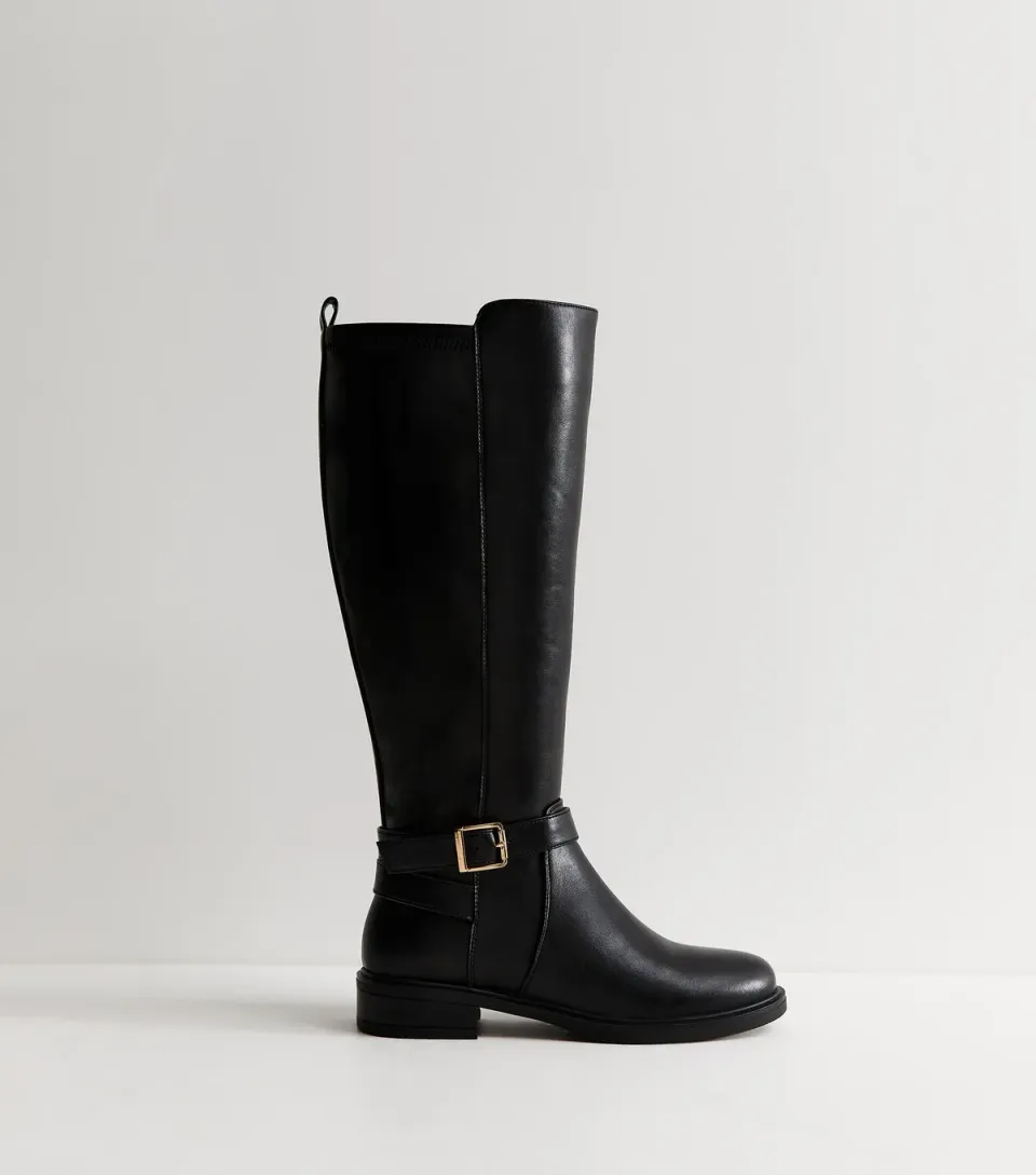 Women's Wide Fit Black Faux Leather 31 Stretch Riding Boots Vegan