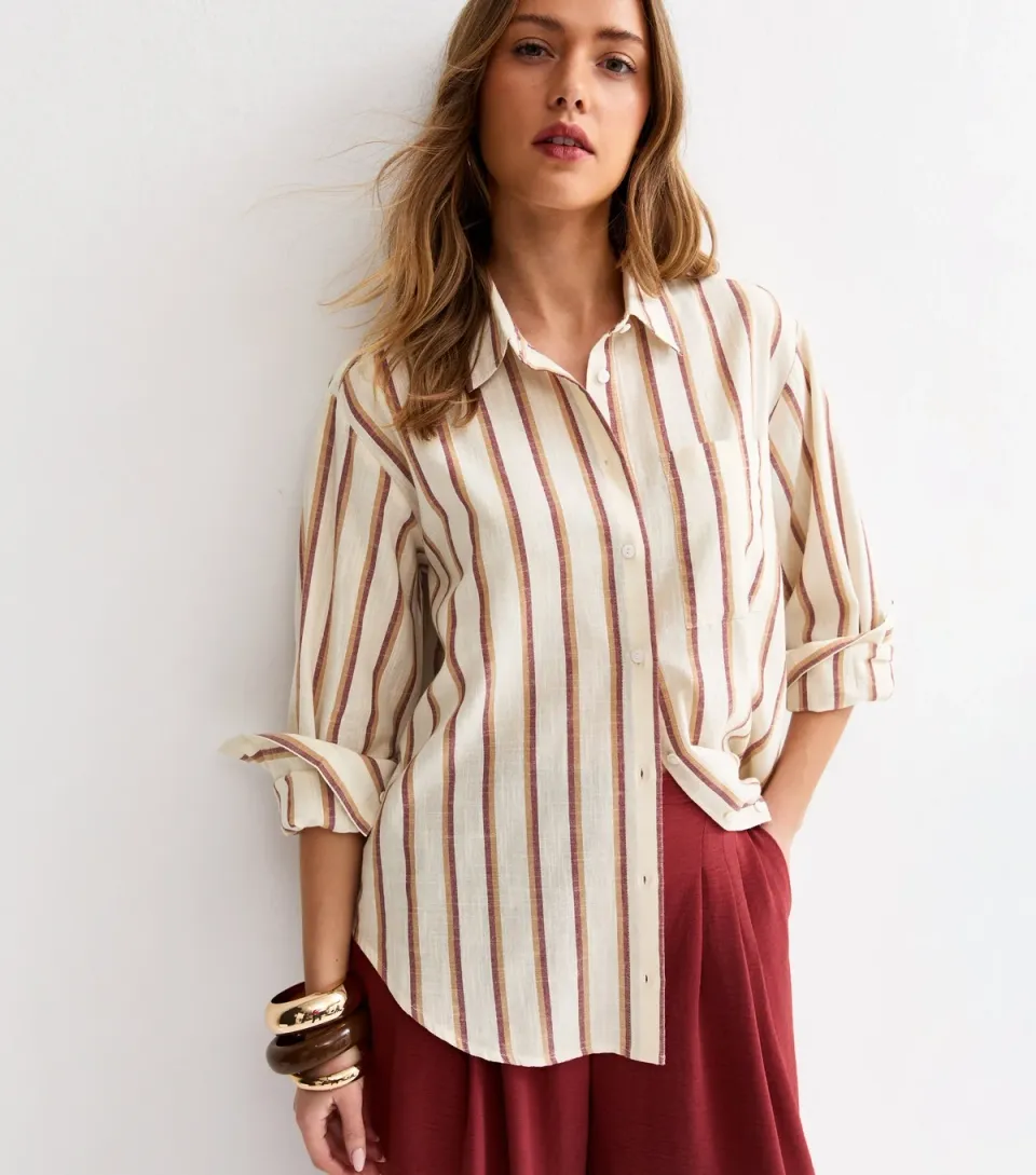 Women's Cream Striped Cotton Long Sleeve Shirt