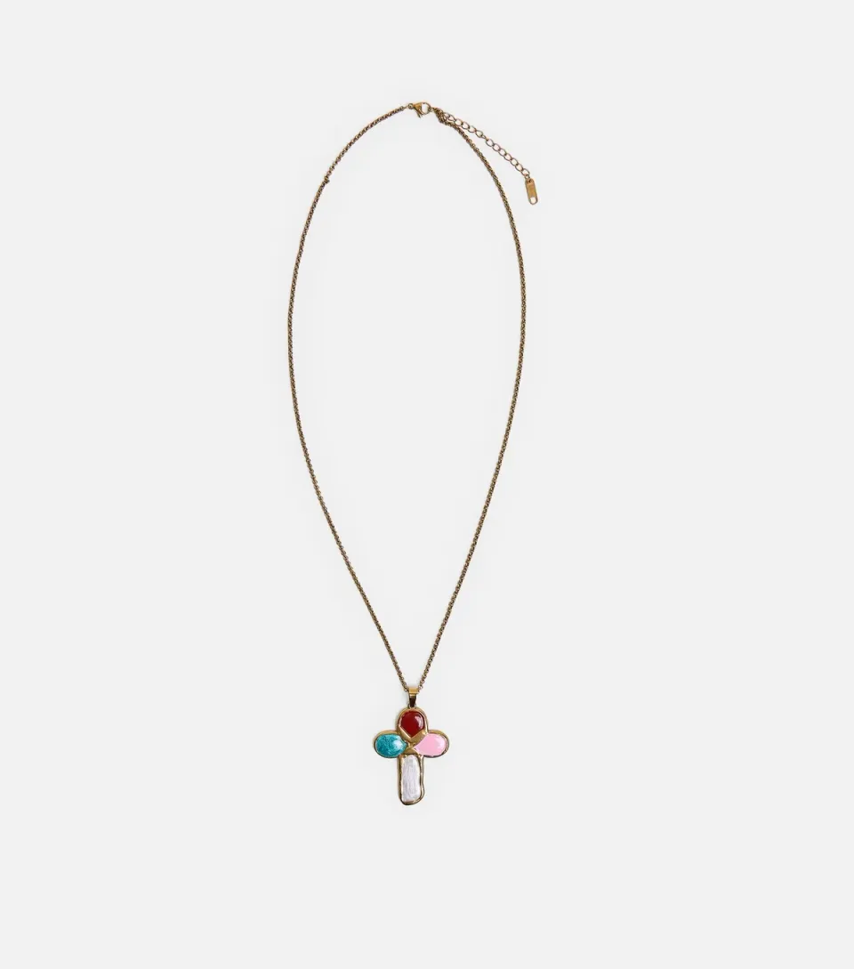 Gold Tone Multicoloured Cross Necklace