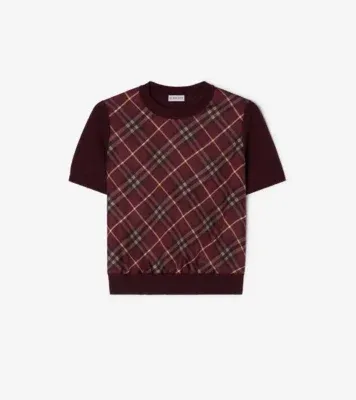 Check Panel Wool Silk T-shirt in Vineyard red