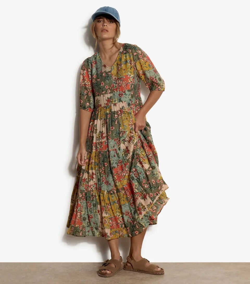 Women's Yellow Bloom Patchwork Print Midi Dress