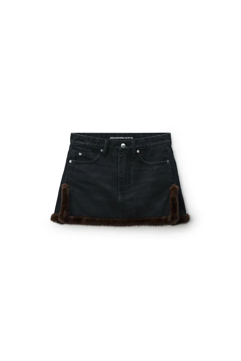 FAUX FUR TRIM DENIM SKIRT