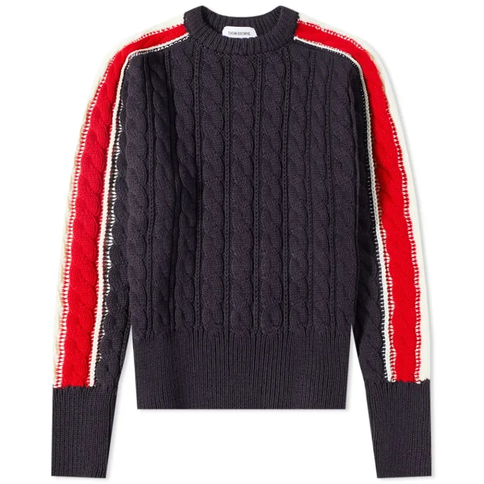 Tricolour Sleeve Stripe Crew Cable Knit