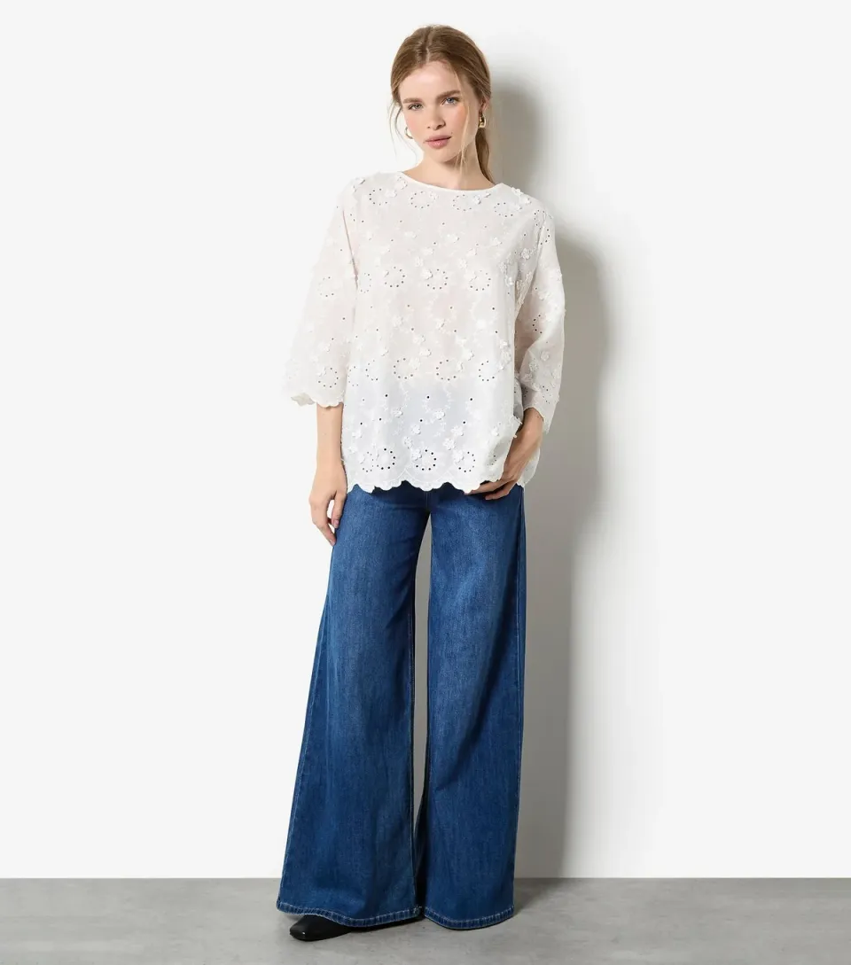 Women's White Mini Flower Bell Sleeve Top