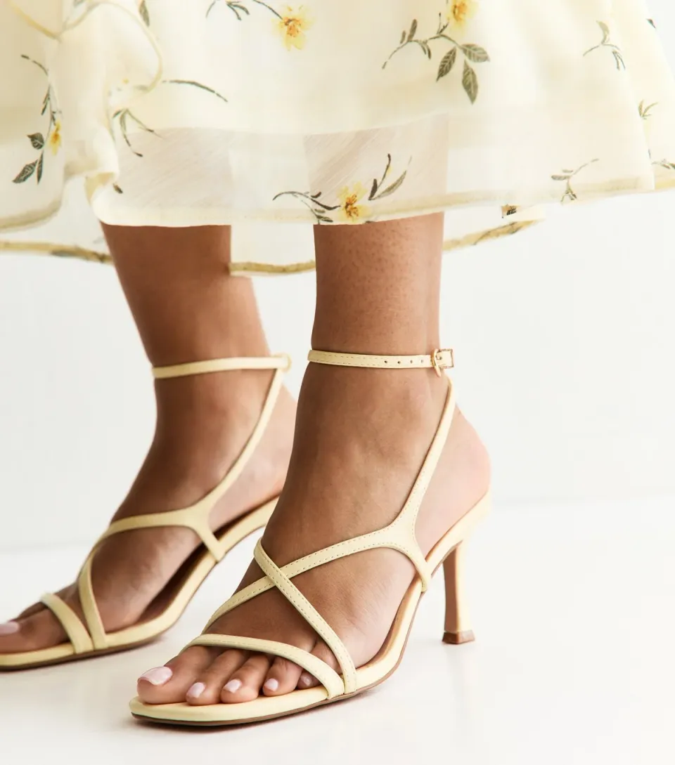 Women's Light Yellow Faux Leather Square Toe Stiletto Sandals Vegan