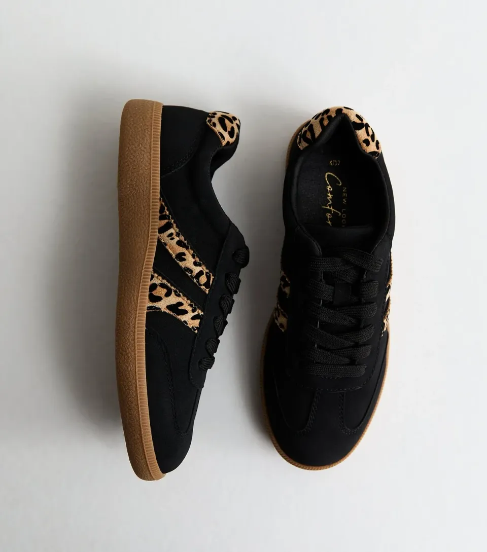 Women's Black Faux Suede Leopard Side Stripe Trainers Vegan