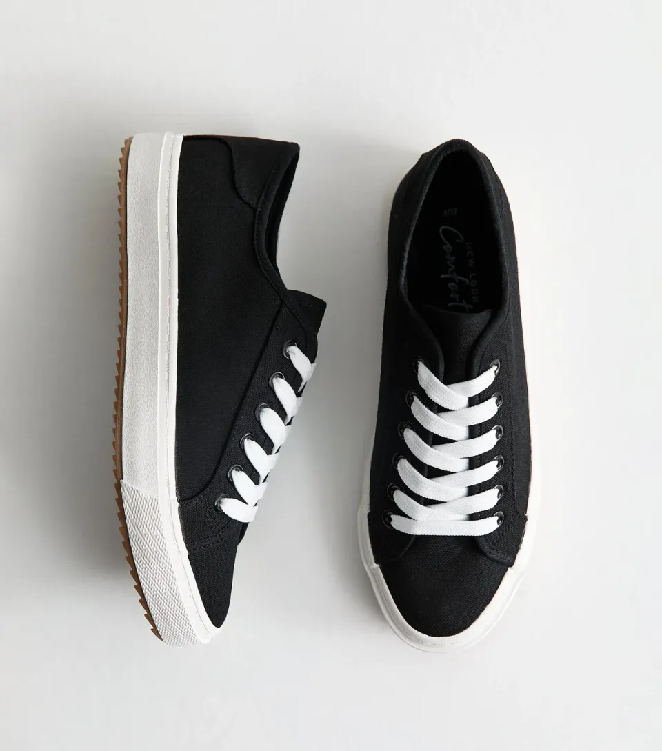 Women's Black Canvas Lace Up Trainers Vegan