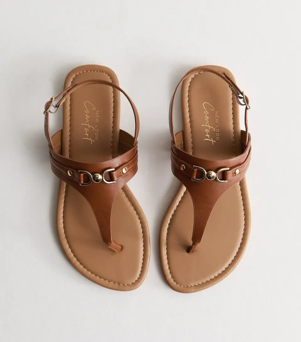 Women's Wide Fit Tan Faux Leather Toe Post Sandals Vegan
