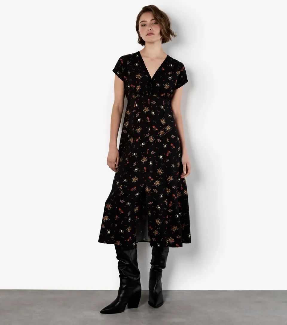 Women's Black Floral Heart Print Ditsy Dress
