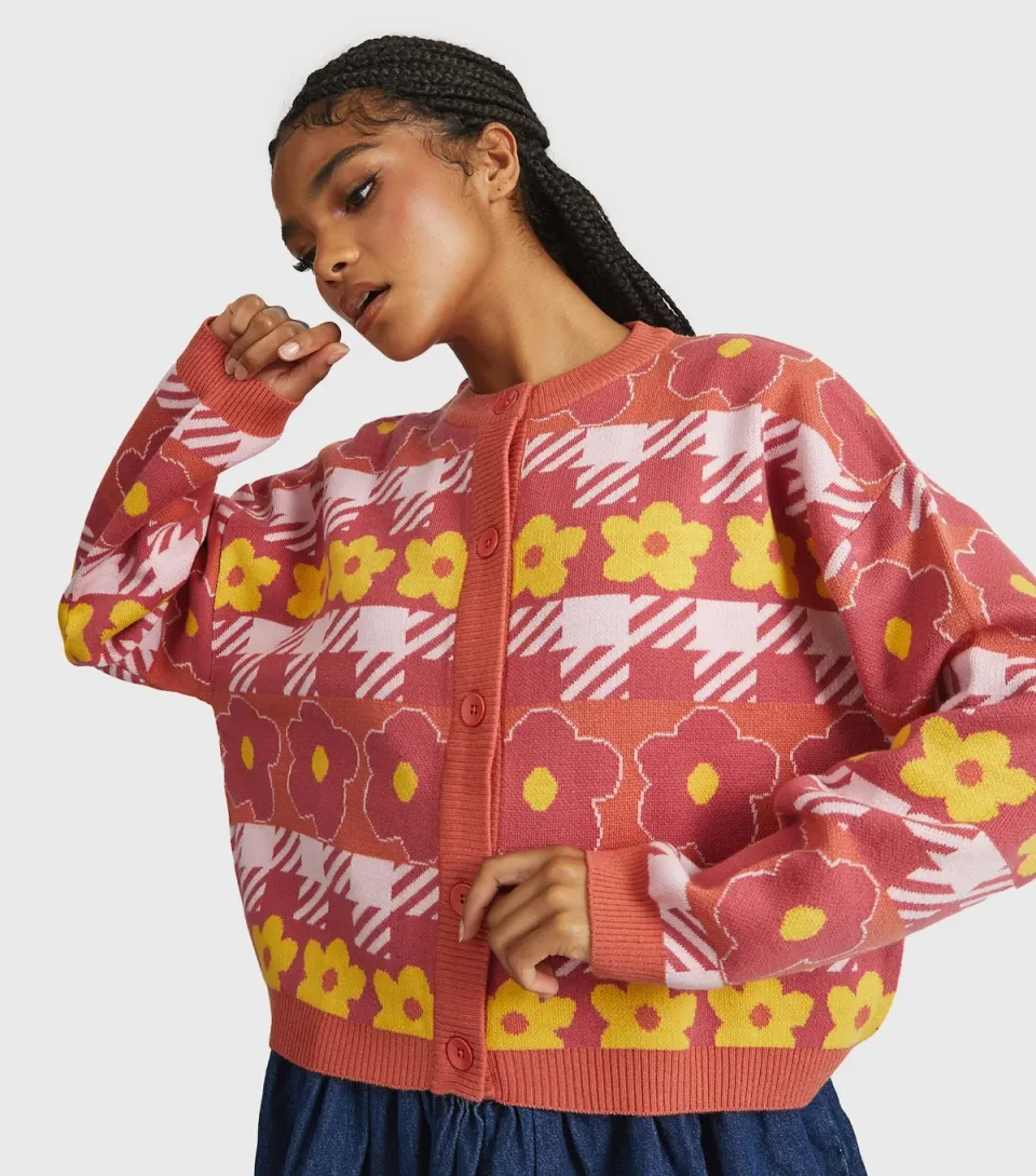 Women's Orange Floral Check Oversized Cardigan
