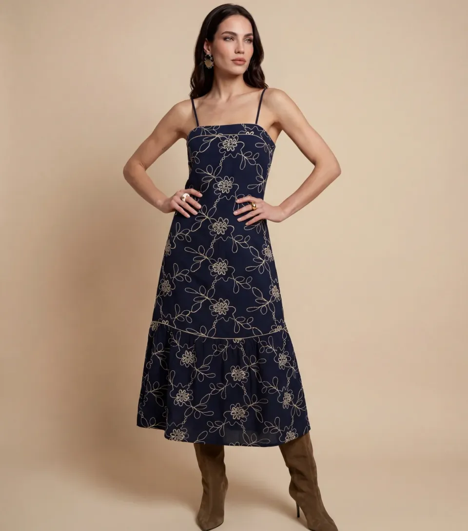 Women's Navy Embroidered Maxi Dress