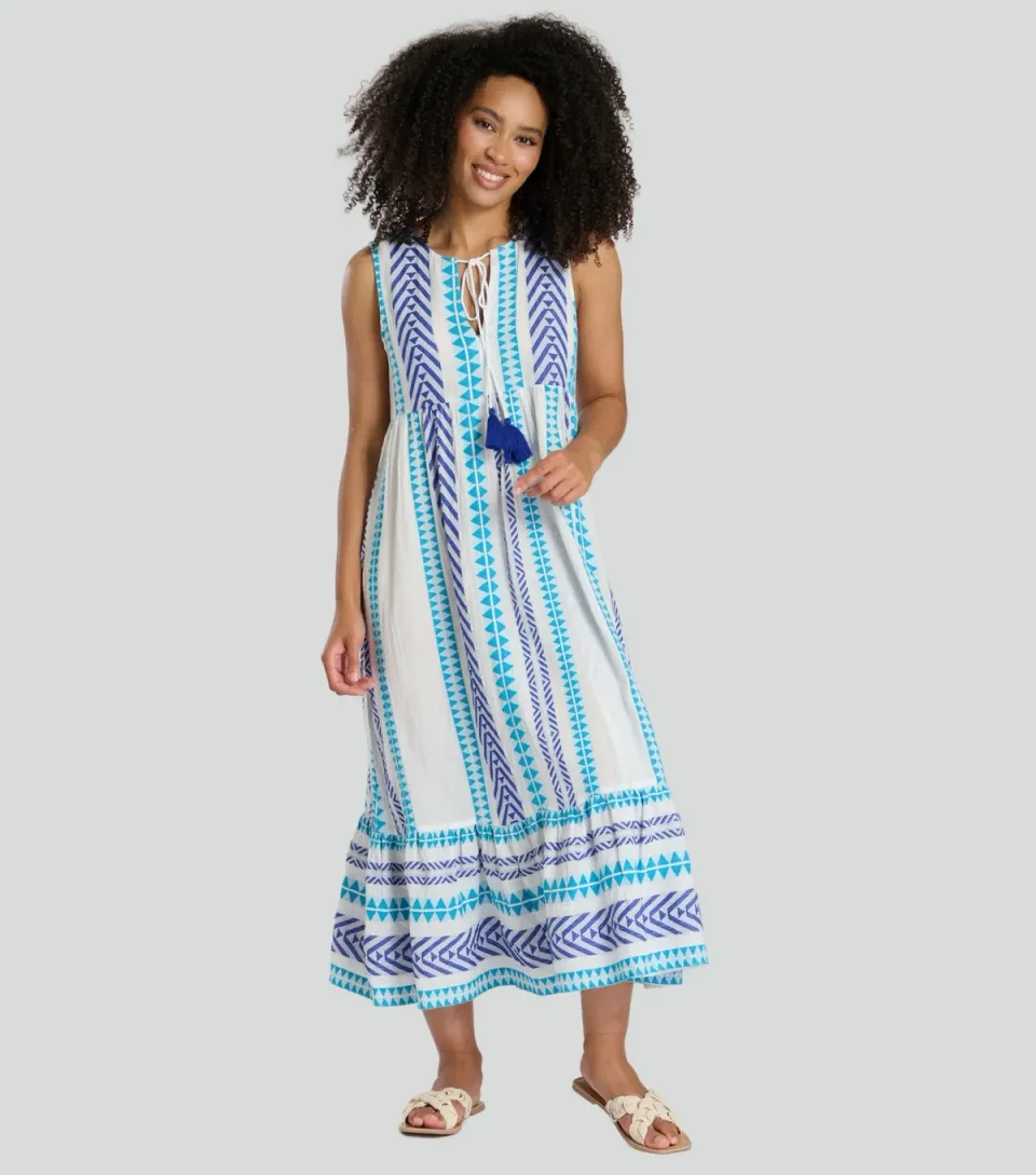 Women's Blue Tie Neck Patterned Jacquard Midi Dress