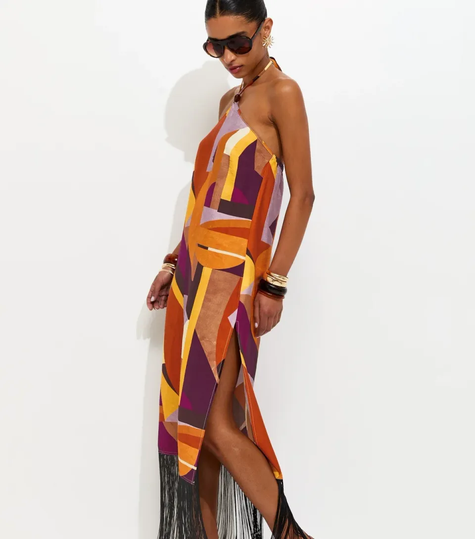 Women's Multicoloured Geometric Print Halter Neck Midi Dress