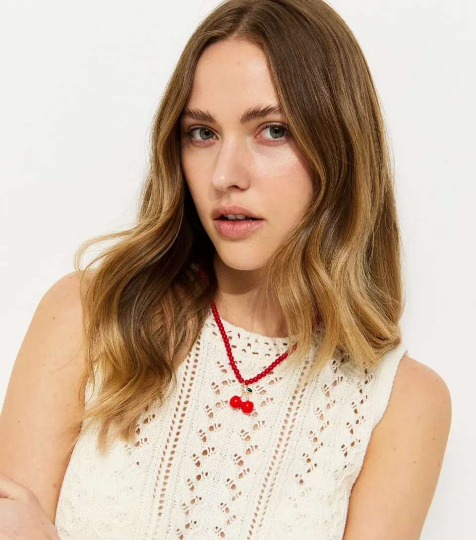 Bright Red Beaded Cherry Pendant Necklace