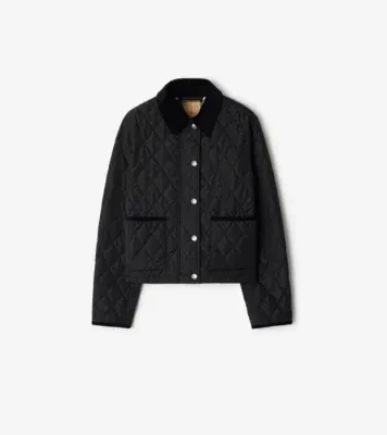 Cropped Quilted Nylon Jacket in Black/sand beige