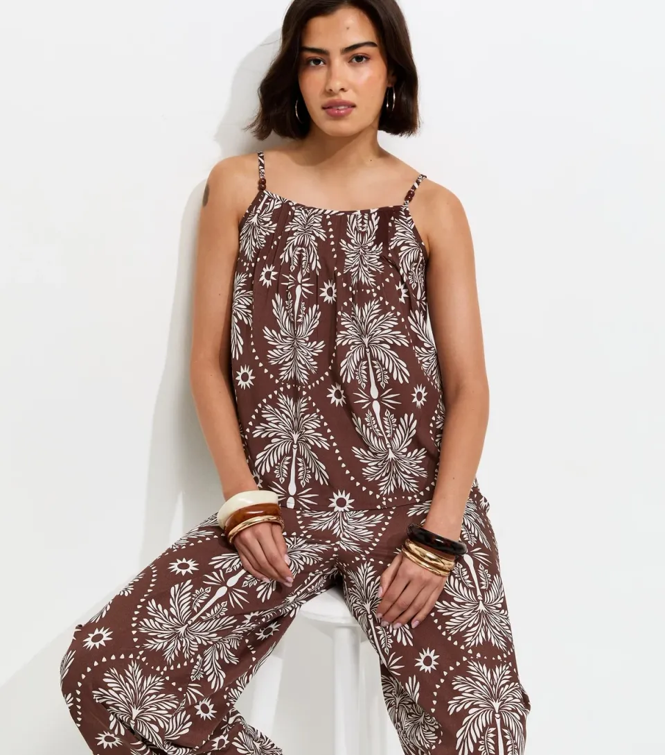 Women's Brown Crepe Sun Patterened Bead Cami Strap Top