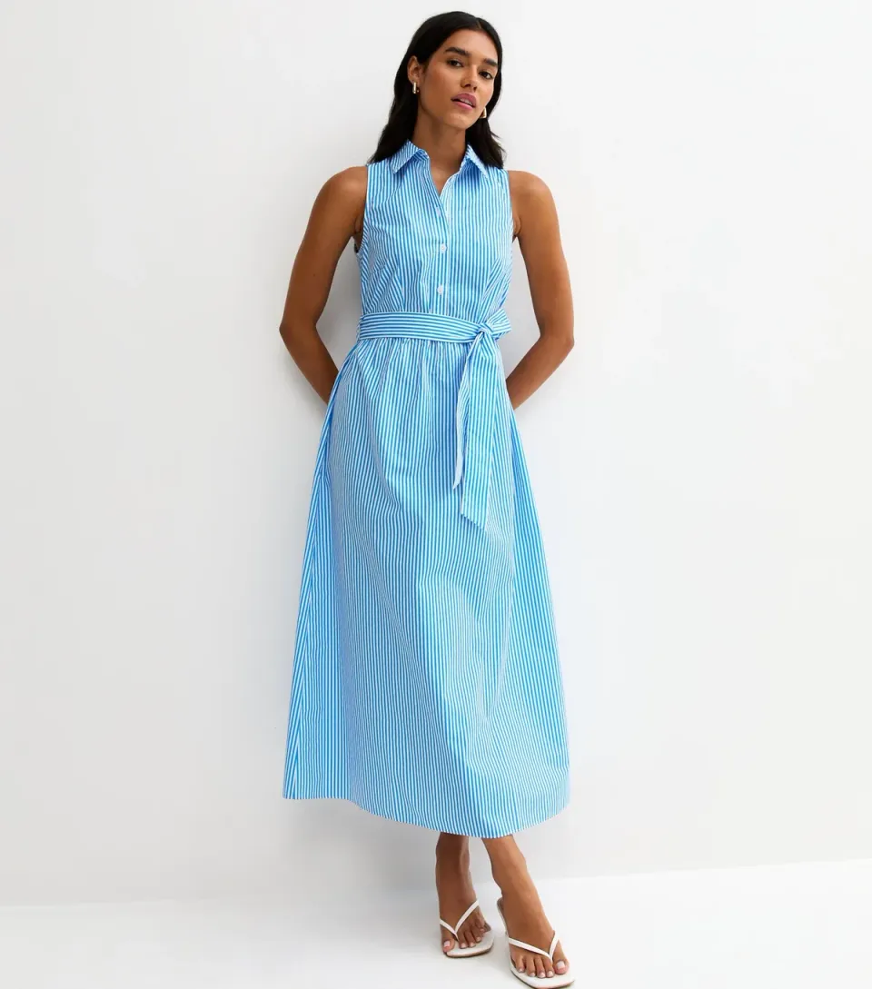 Women's Blur Striped Sleeveless Midi Shirt Dress