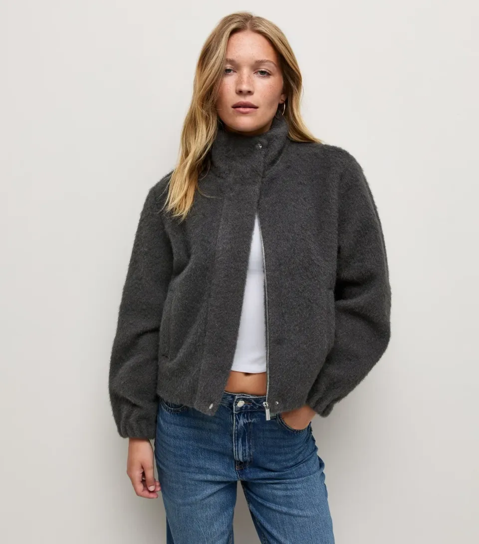 Women's Dark Grey Textured Funnel Coat
