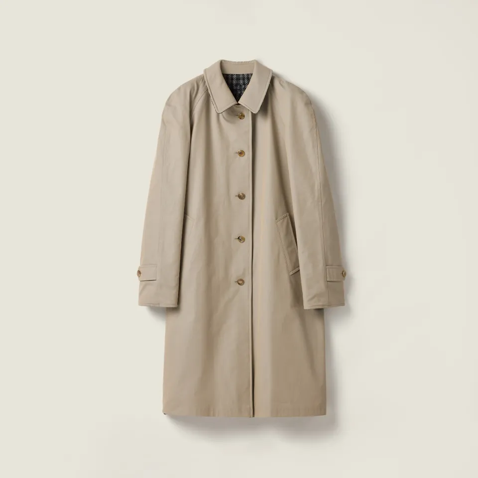 Reversible twill and check trench coat