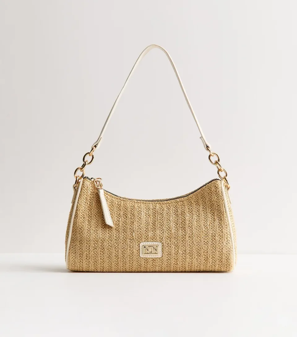 Stone Woven Raffia Look Shoulder Bag