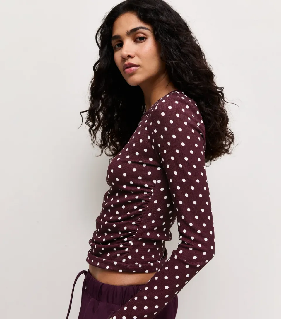 Women's Dark Burgundy Polka Dot Long Sleeve Top