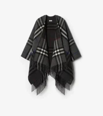 Contrast Check Cashmere Wool Cape in Marlborough grey/charcoal grey