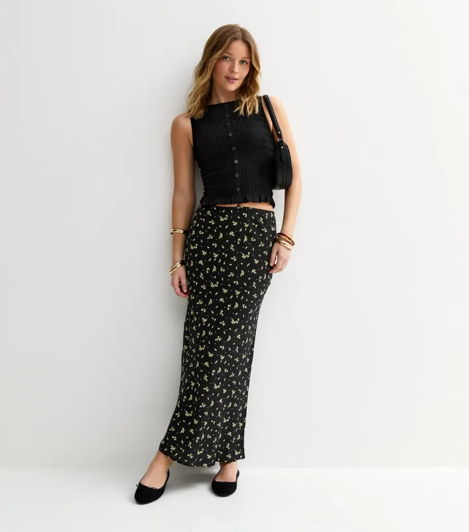 Women's Black Lemon Print Bias Cut Midi Skirt