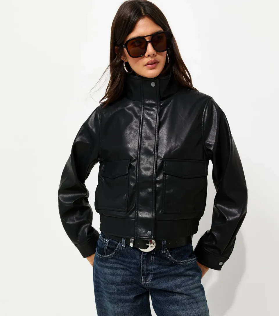 Women's Black Faux Leather Flap Pocket Funnel Neck Jacket
