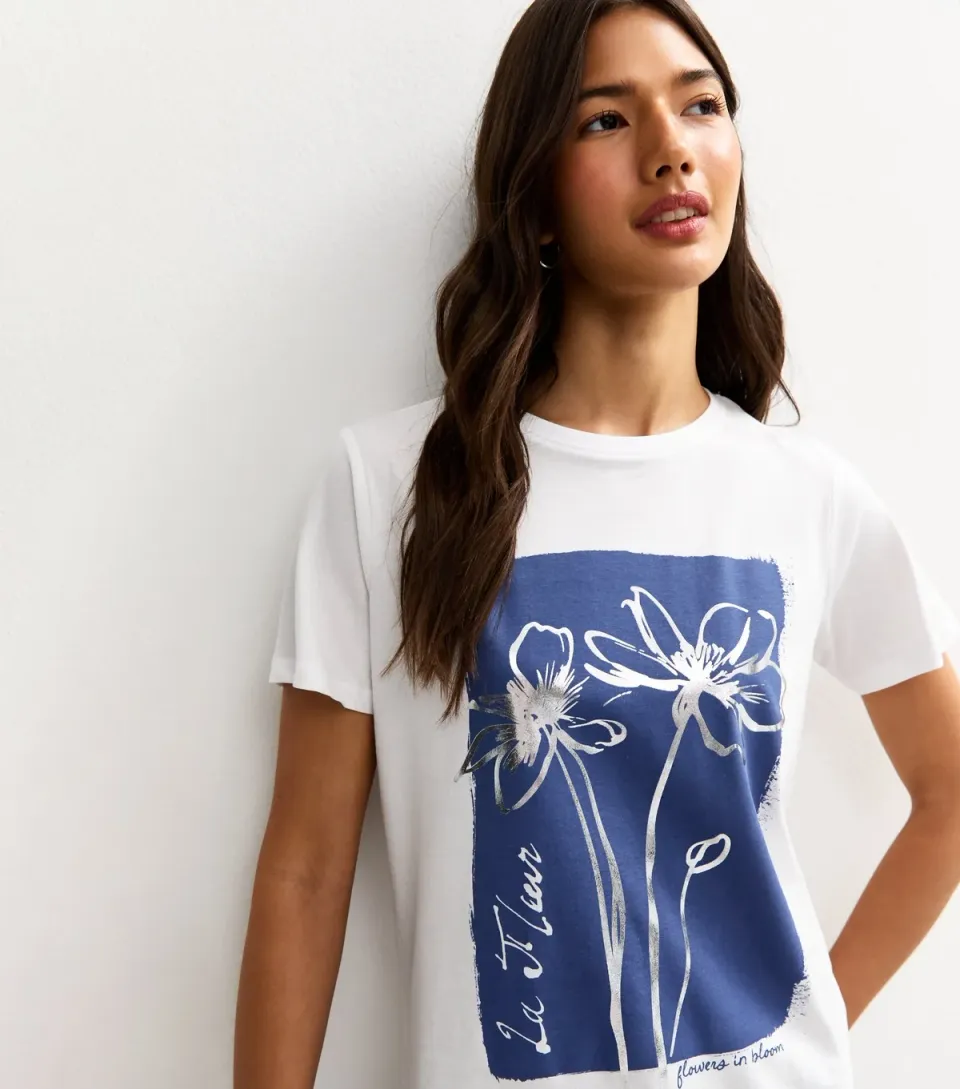 Women's White Foiled Flower Print T-Shirt
