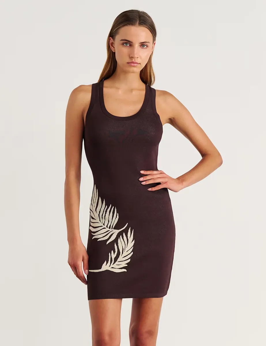 Knitted Printed Scoop Neck Mini Bodycon Dress Brown
