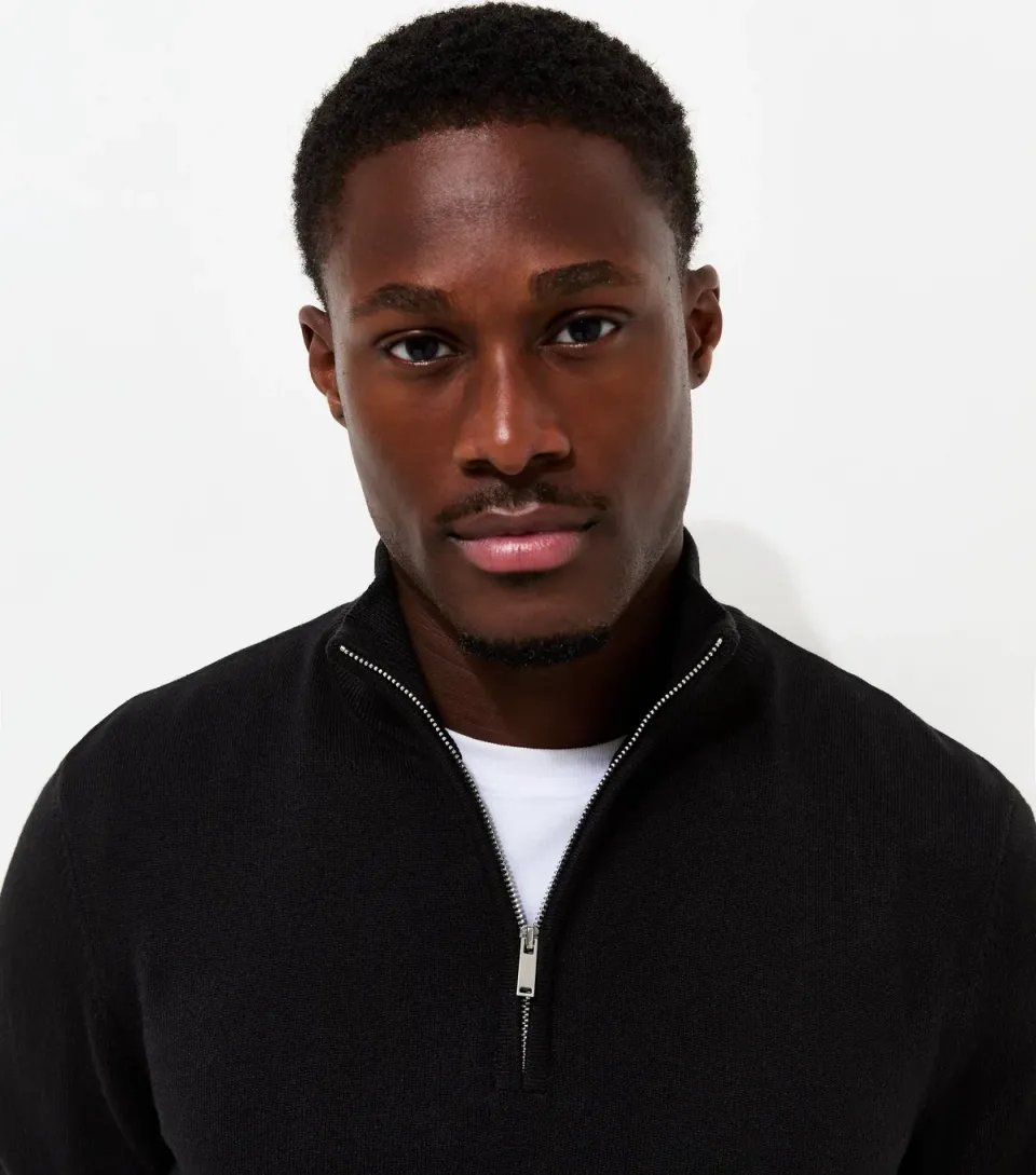 Men's Black Slim Fit Quarter Zip Funnel Neck Knitted Jumper