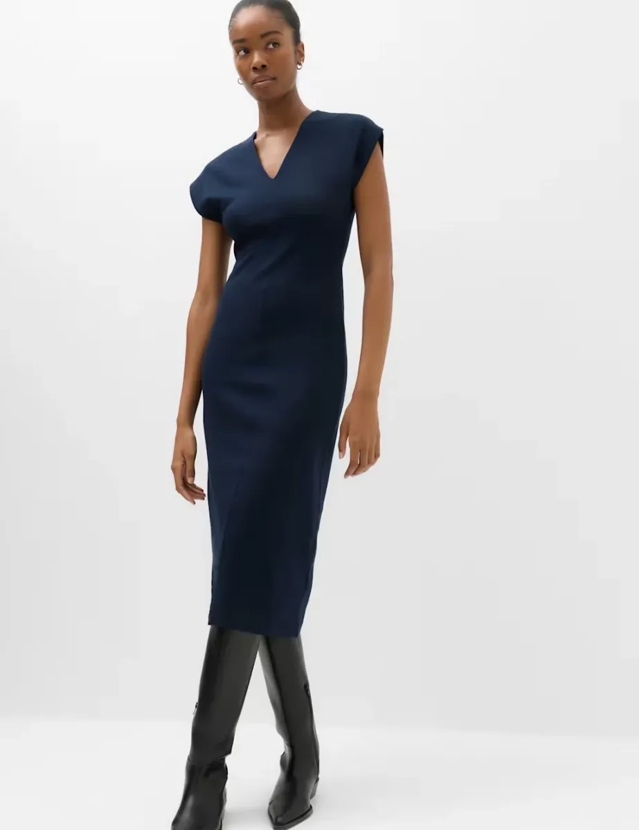 Cotton Rich V-Neck Midi Column Dress Navy
