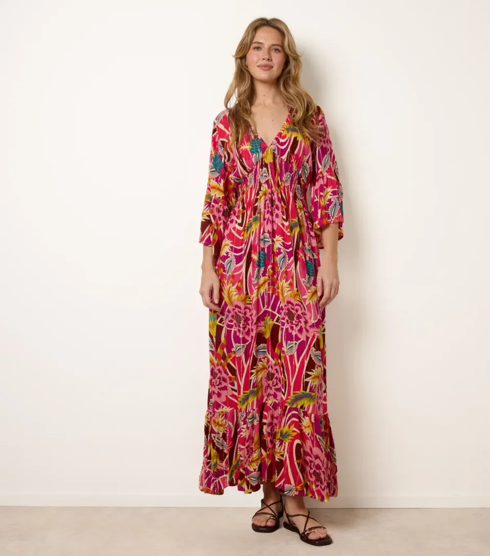 Women's Pink V-Neck Floral Print Maxi Dress