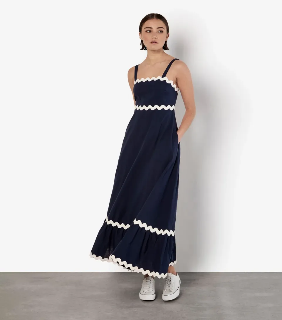 Women's Navy Contrast Trim Midi Dress