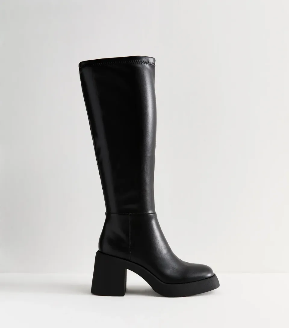 Women's Black Faux Leather Block Heel Knee High Boots Vegan
