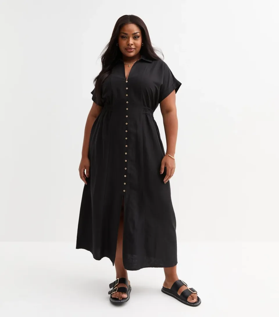Women's Plus Size Black Shirred Waist Midi Dress Curves