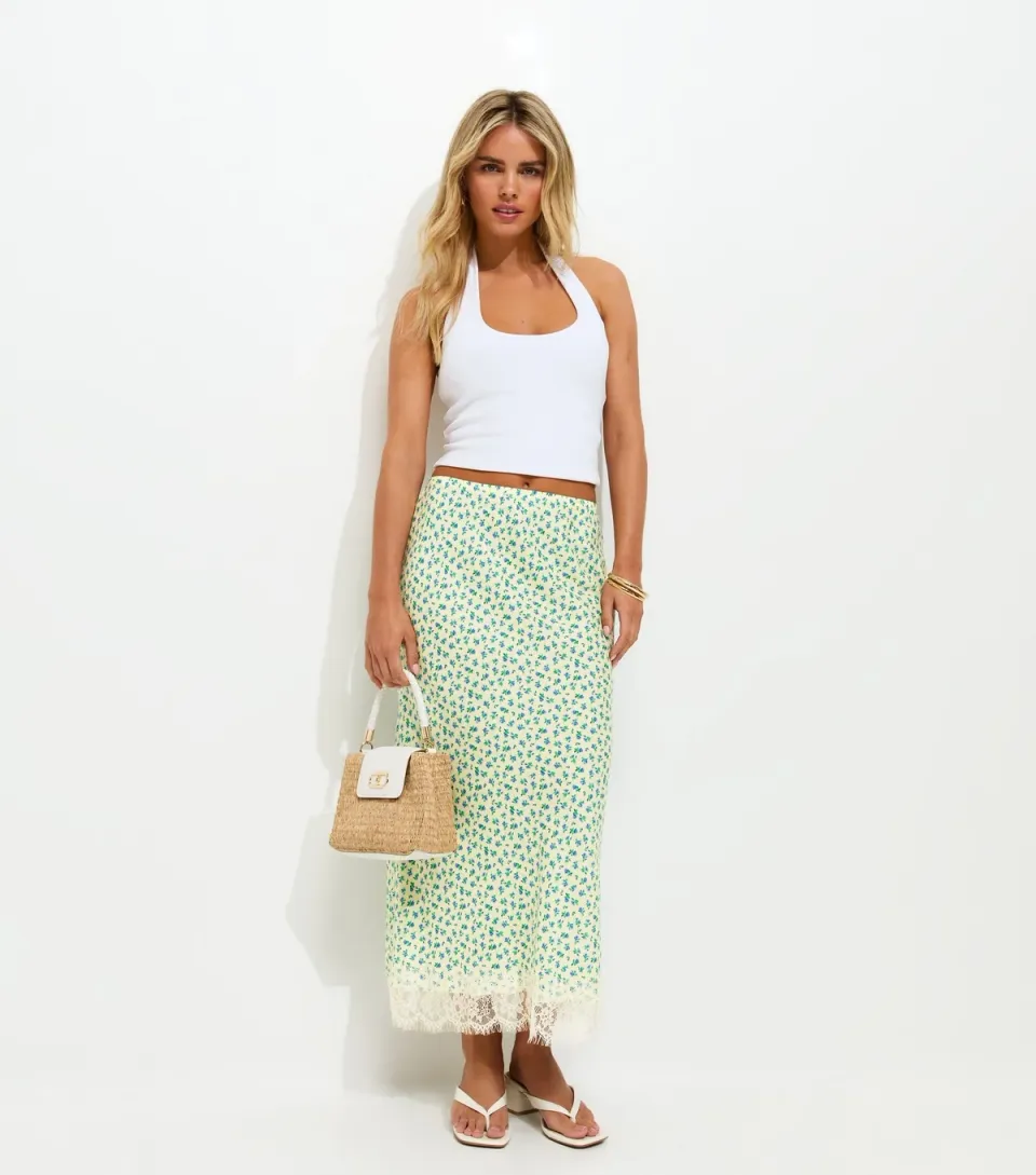 Women's Petite Yellow Ditsy Print Lace Trim Bias Cut Skirt
