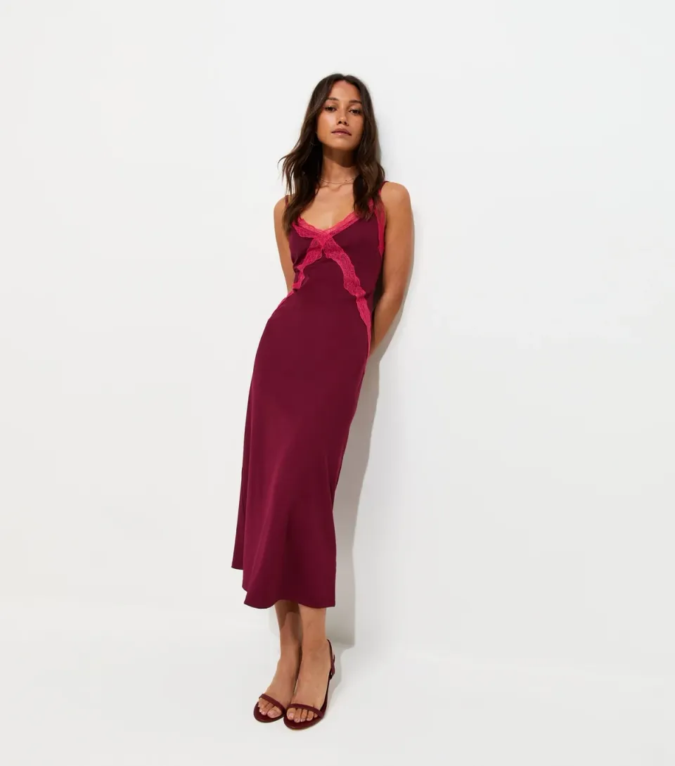Women's Dark Burgundy Lace Strappy Contrast Trim Midi