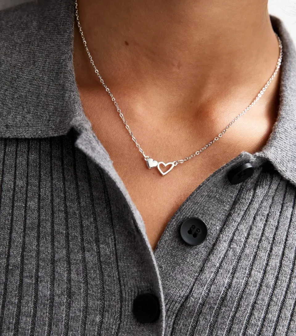 Silver Tone Cut Out Heart Pendant Necklace