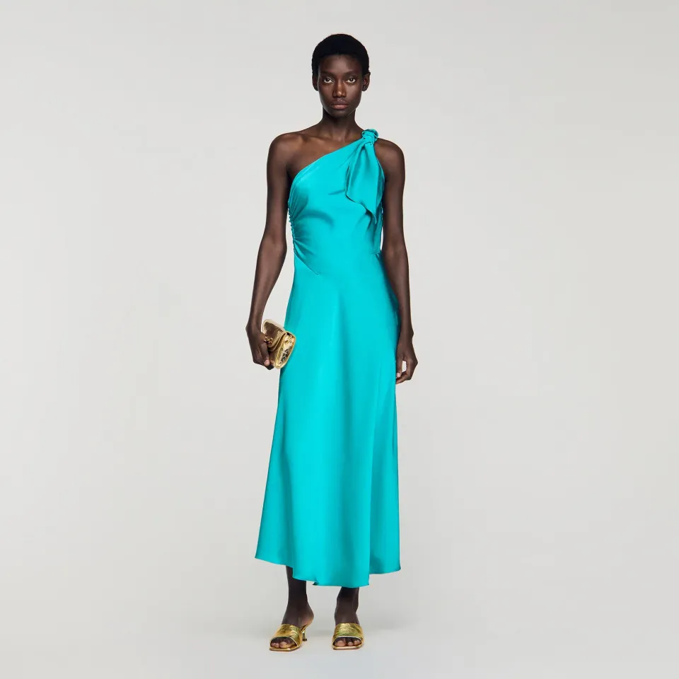 Satin-effect maxi dress with bow